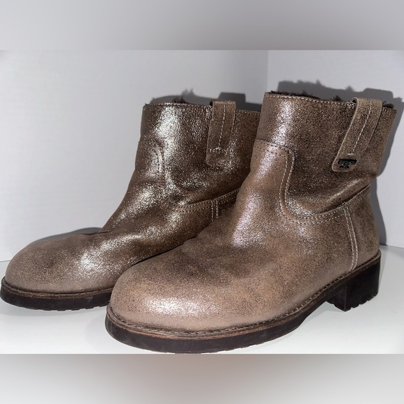 Tory Burch Wayland Ankle Boots Metallic Pewter Leather Lamb Shearling 10 M - Picture 3 of 6